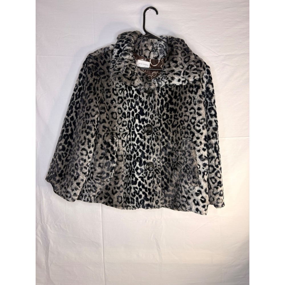 Erin London Grey Leopard Print Faux Fur Collared Button Front Jacket Size Large